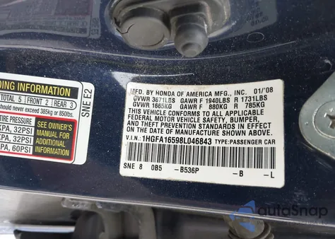 2008 Honda Civic Lx из США, поврежденный, VIN 1HGFA16598L046843